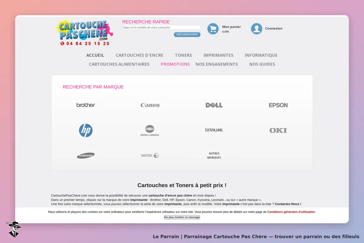 Cartouche Pas Chère : page d'accueil avec recherche rapide et logos de marques de cartouches