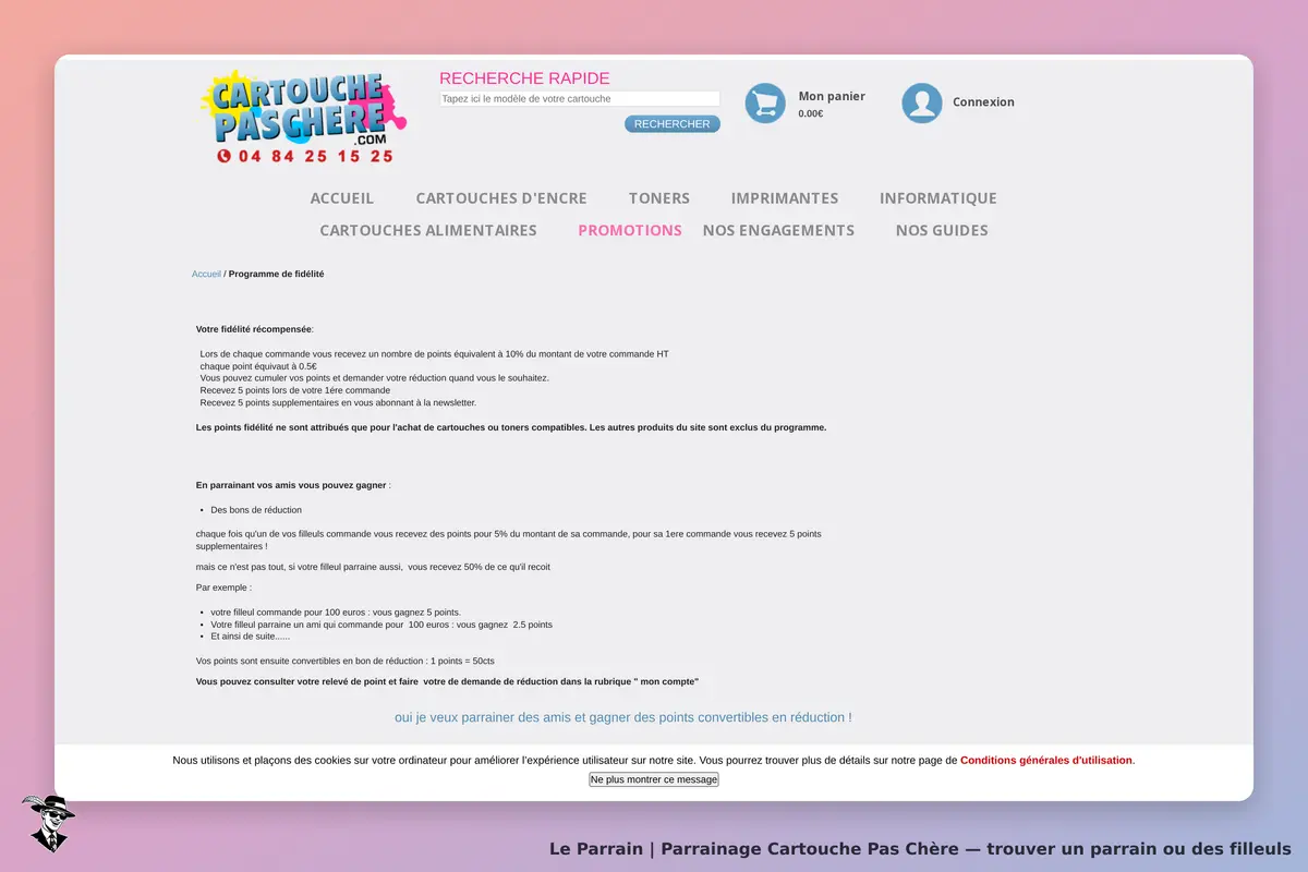 Cartouche Pas Chère : page d'accueil présentant le programme de fidélité et de parrainage