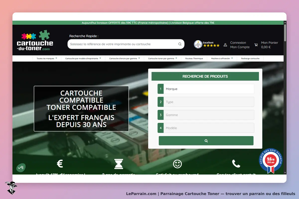 Cartouche Toner : page d'accueil avec un formulaire de recherche et des cartouches en arrière-plan