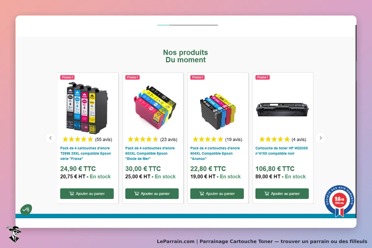 Cartouche Toner : affichage de produits d'encre et toner avec évaluations et options d'achat