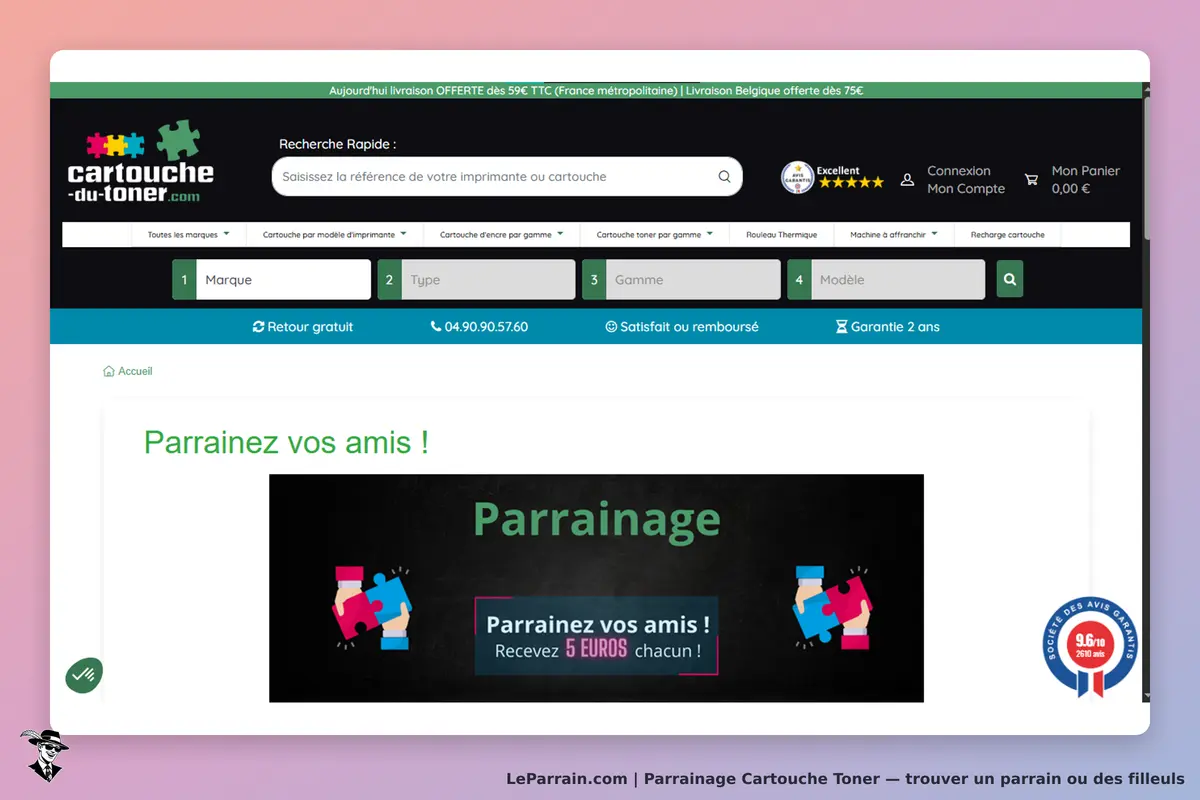 Cartouche Toner : page d'accueil avec recherche et section de parrainage visible