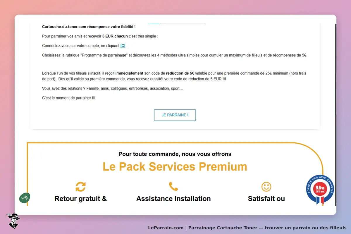 Cartouche Toner : page d'accueil présentant le programme de parrainage et services offerts