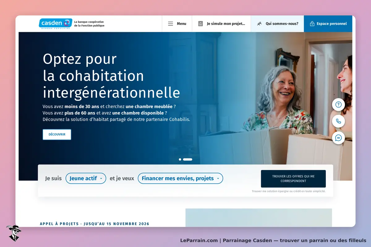 Casden : page d'accueil avec proposition de cohabitation intergénérationnelle et images de