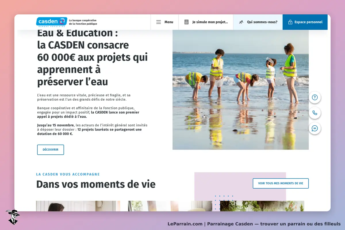 Casden : page d'accueil avec des enfants ramassant des déchets sur la plage