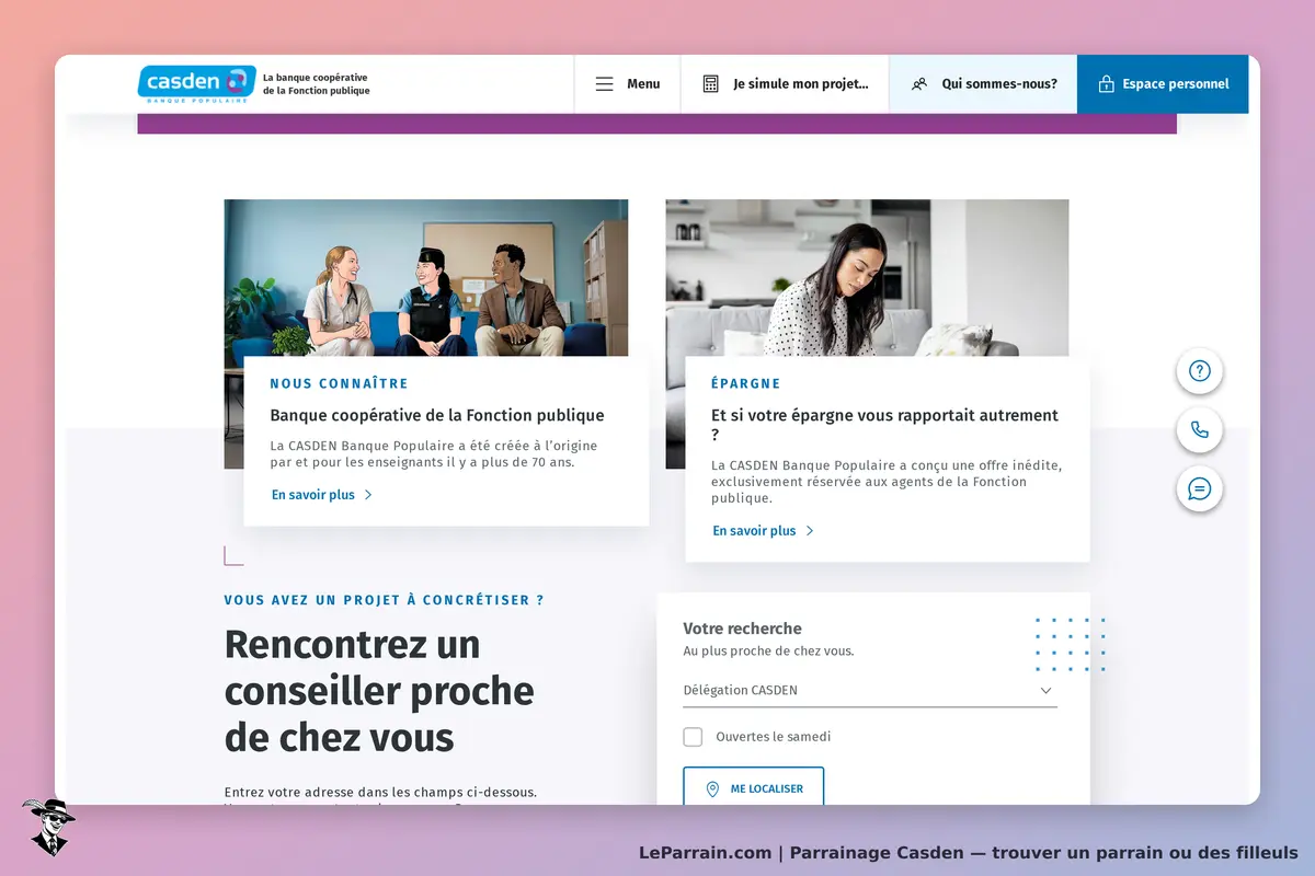 Casden : page d'accueil avec sections sur la banque et un formulaire de recherche de conseiller