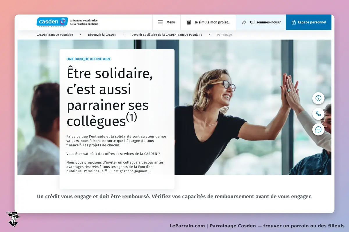 Casden : page d'accueil avec un message sur le parrainage et des personnes se félicitant
