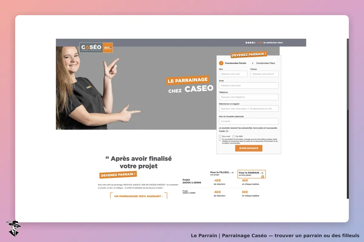Page de parrainage Caséo avec sa présentation, son formulaire vierge et le début du barème des récompenses.