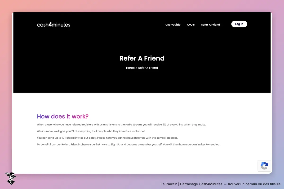 Page parrainage de Cash4Minutes