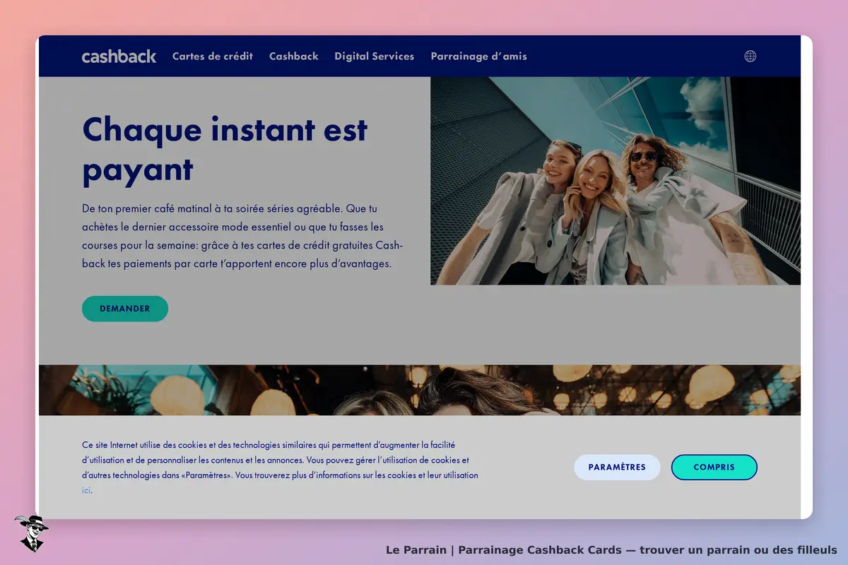 Cashback Cards : cashback : page d'accueil avec slogan et photo de trois personnes souriantes en