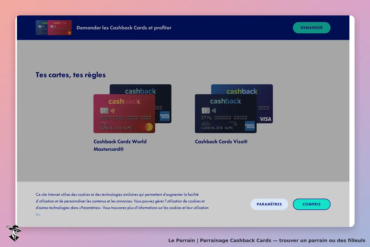 Cashback Cards : trois cartes de paiement avec options Mastercard et Visa affichées sur la page