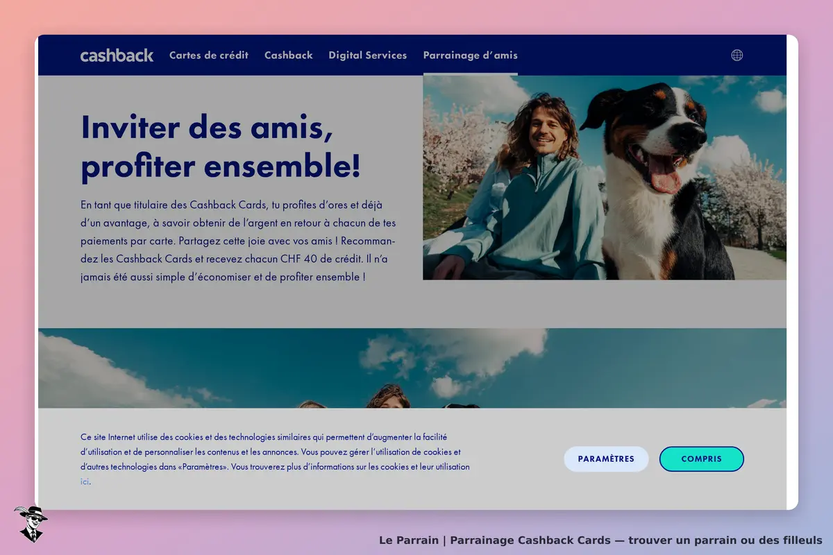 Cashback Cards : cashback : page d'accueil avec un message sur le parrainage et une image de