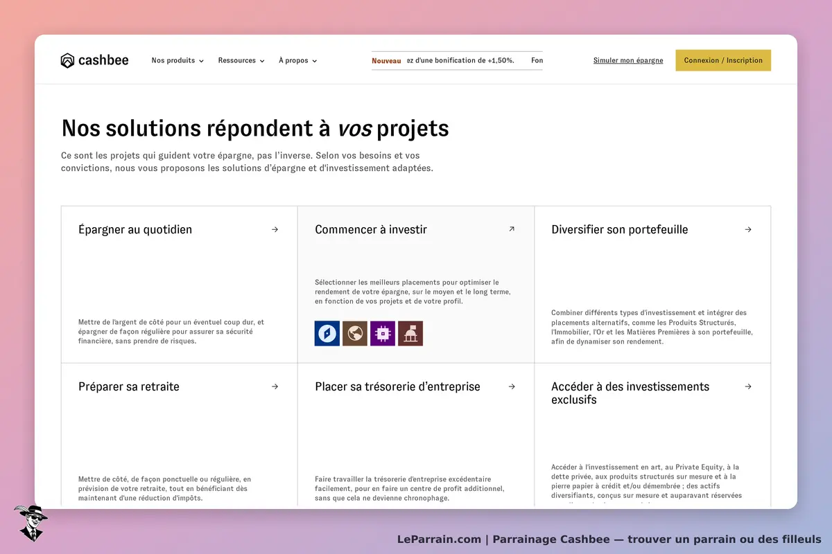 Cashbee : page d'accueil présentant des solutions d'épargne et d'investissement