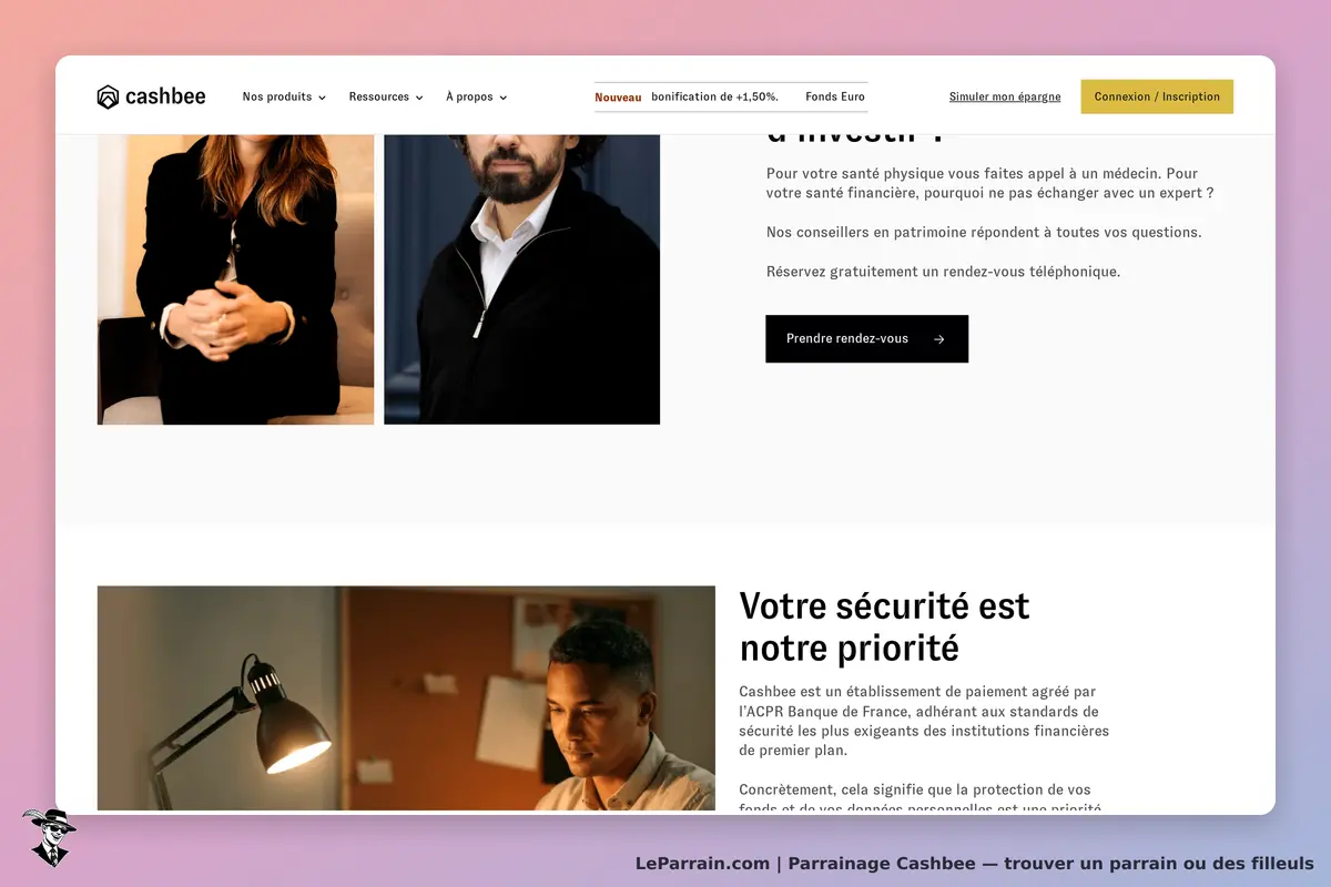 Cashbee : page d'accueil avec des images de conseillers et un texte sur la sécurité financière