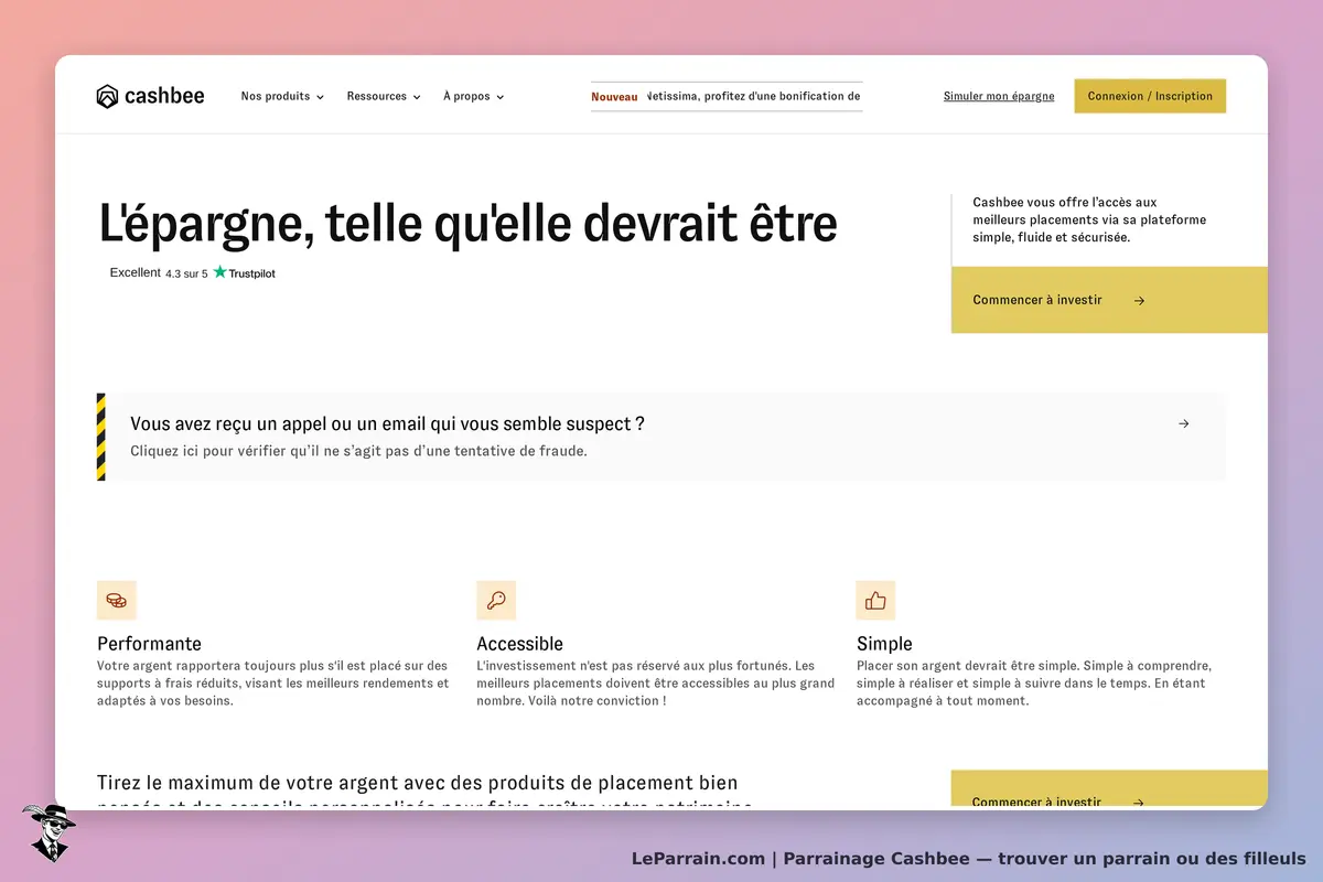 Cashbee : page d'accueil présentant l'épargne et des conseils sur les placements