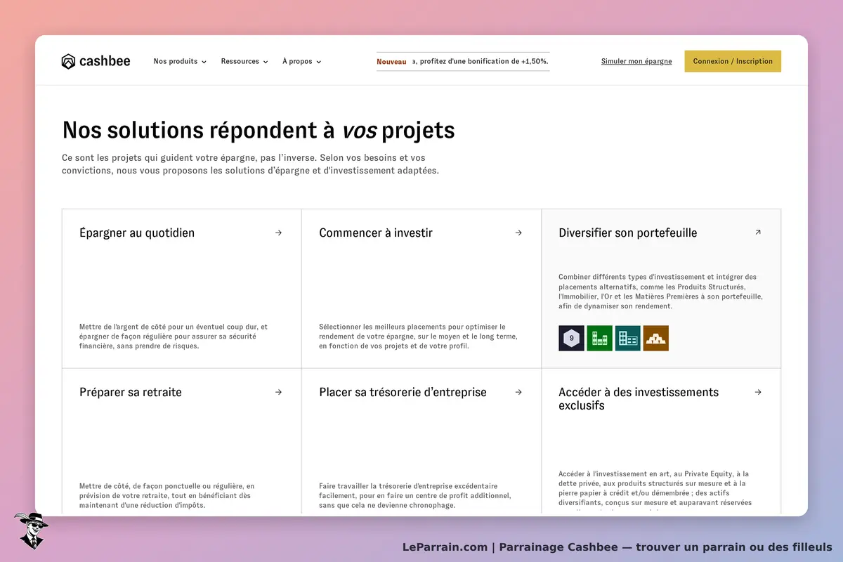 Cashbee : solutions d'épargne et d'investissement présentées sur la page d'accueil