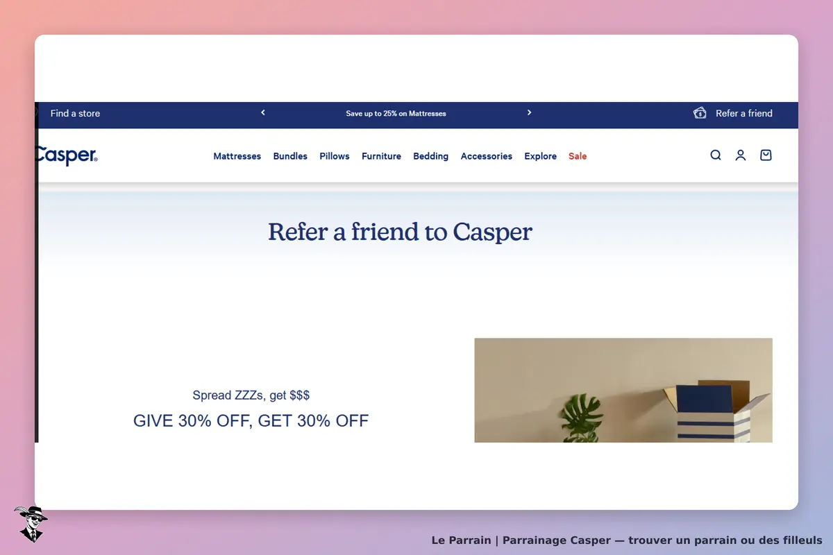 Casper : page d'accueil avec texte sur le parrainage et une boîte en carton à côté d'une plante