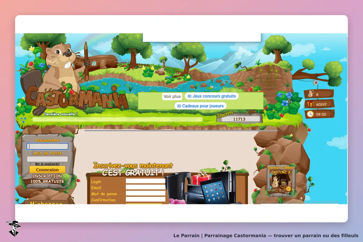Castormania : page d'accueil avec un formulaire d'inscription et un décor animé de nature