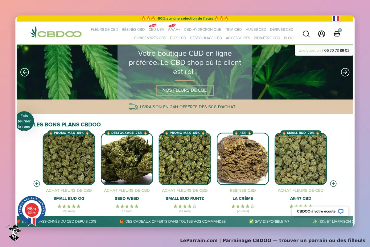 CBDOO : page d'accueil avec fleurs de CBD et résines affichées, promotions en cours