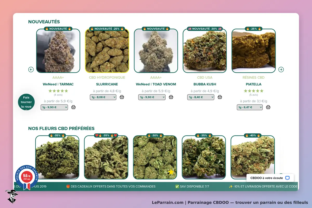 CBDOO : page d'accueil avec des fleurs de CBD et des résines récemment ajoutées