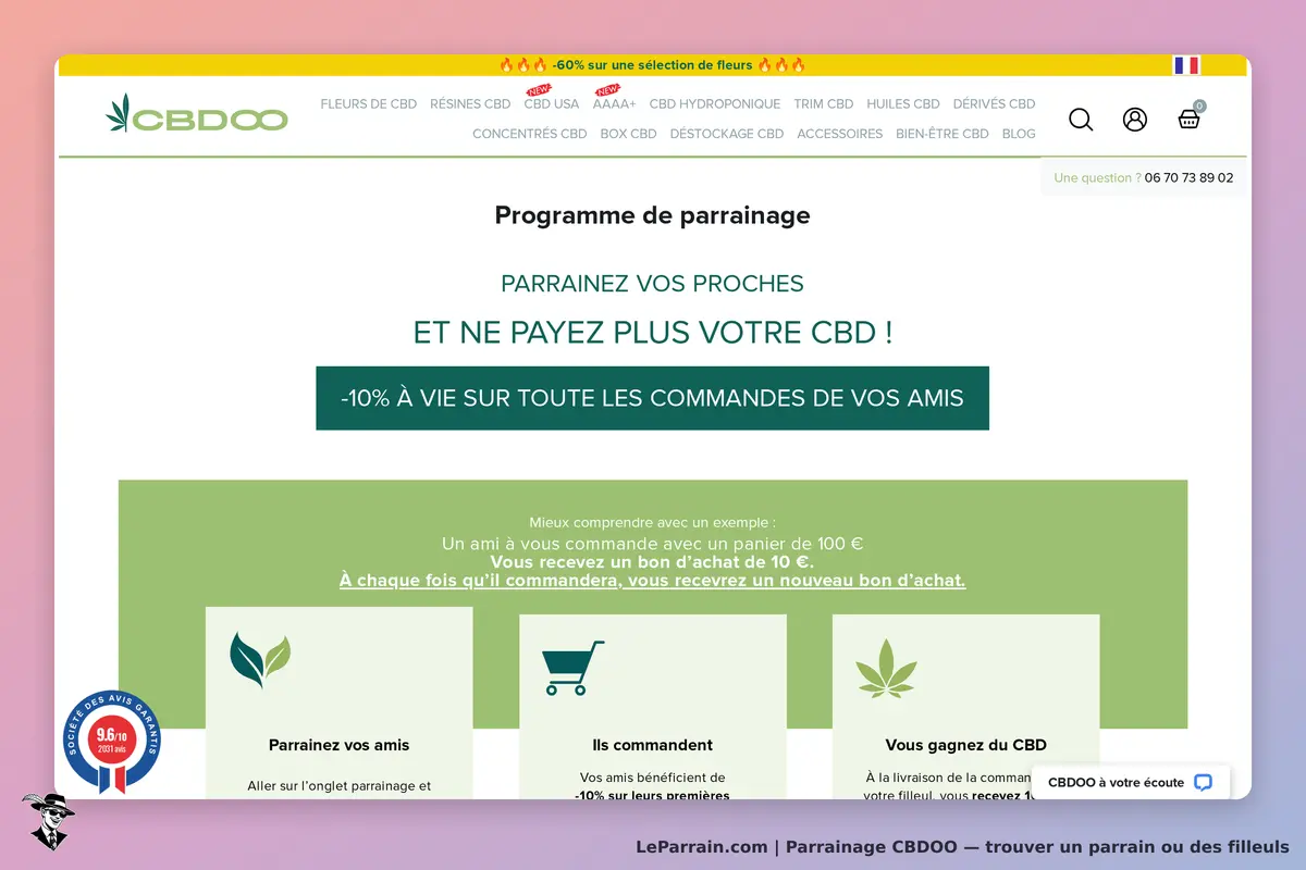 CBDOO : page d'accueil avec programme de parrainage et informations sur les avantages