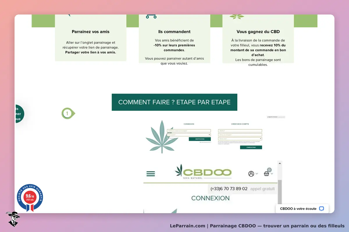 CBDOO : page d'accueil avec instructions sur le parrainage et formulaire de connexion