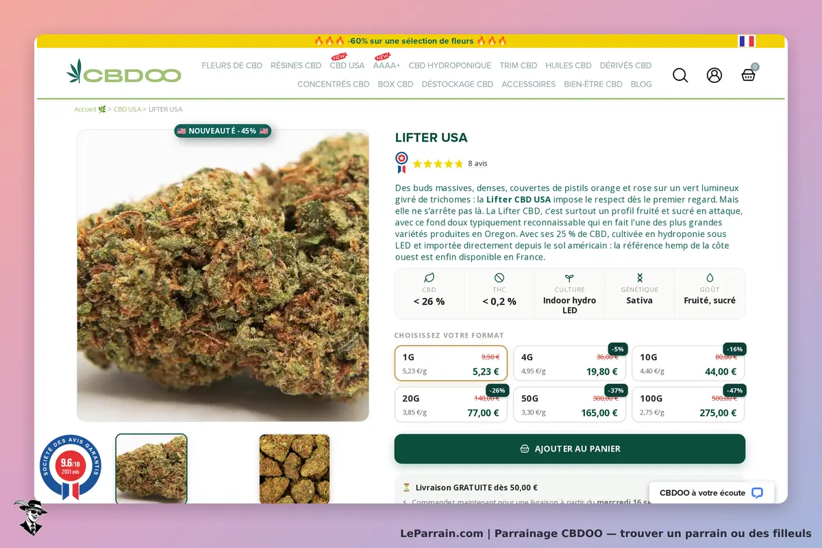 CBDOO : produit Lifter USA avec des fleurs de CBD, description et options de format affichées