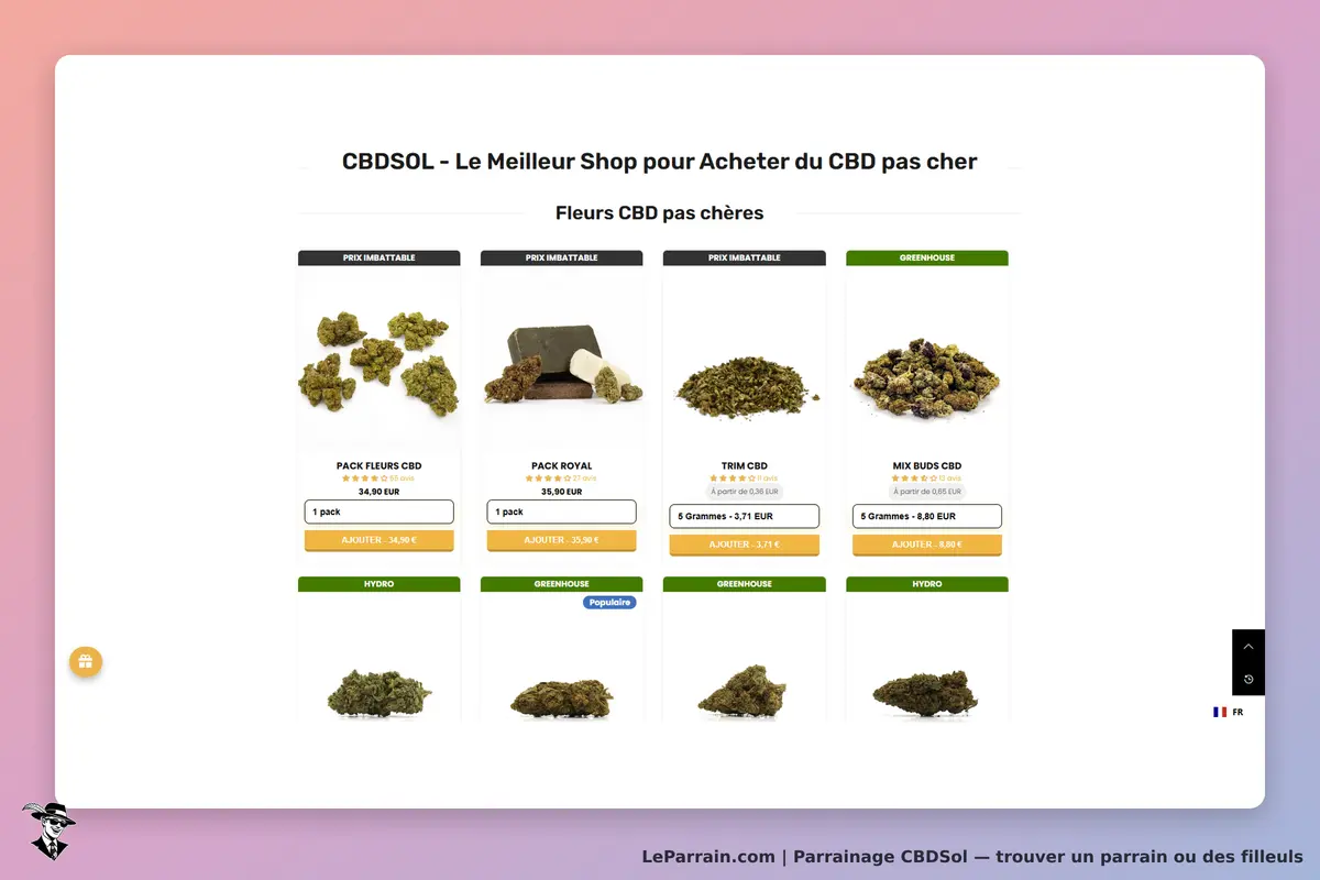 CBDSOL : page d'accueil présentant divers produits de fleurs de CBD avec images et descriptions