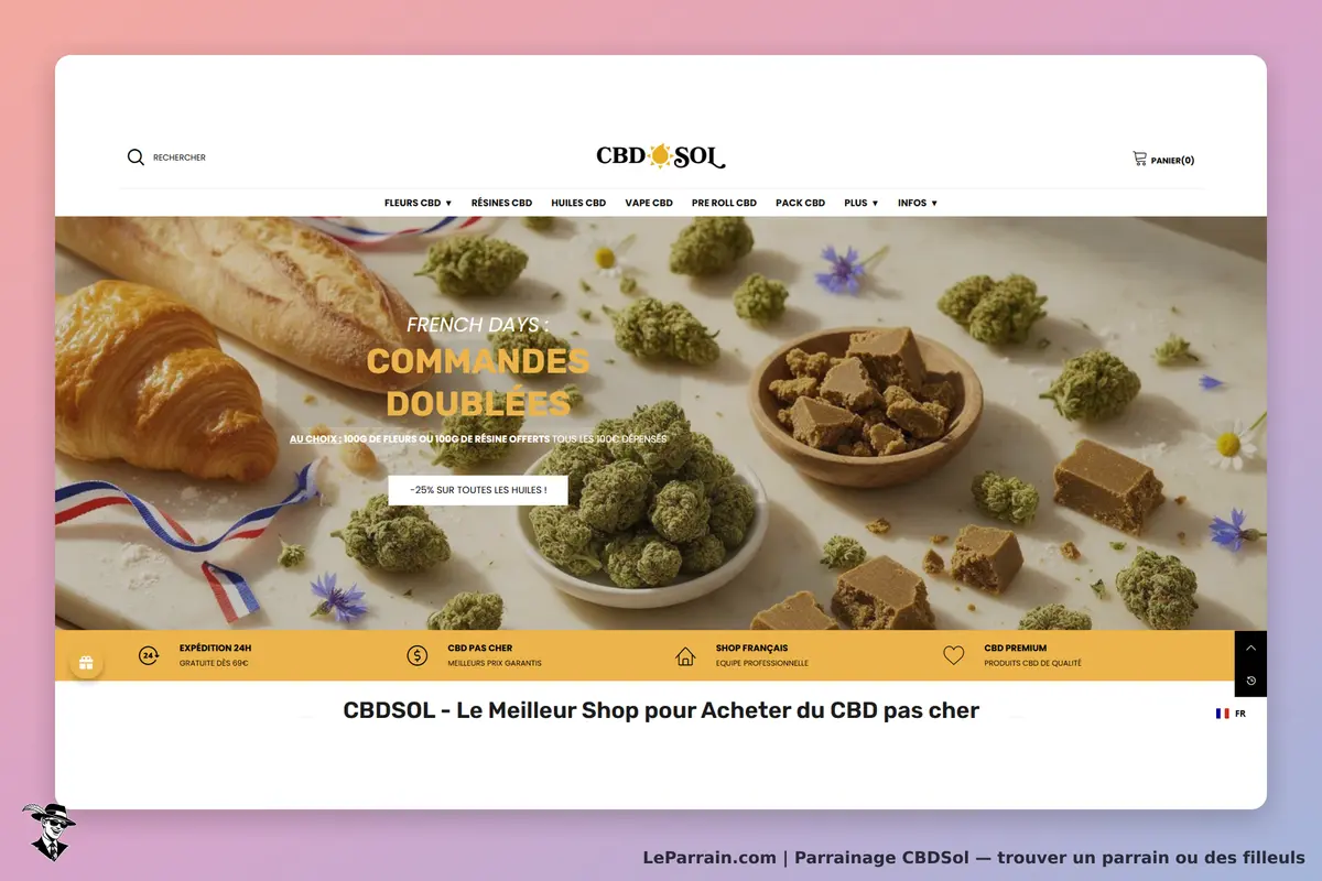 CBDSOL : page d'accueil avec des produits CBD, croissant et baguette en arrière-plan