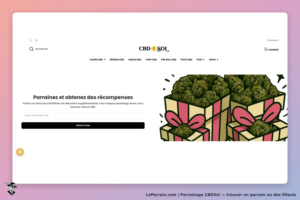 CBDSol : page d'accueil avec un formulaire de parrainage et des illustrations de cadeaux