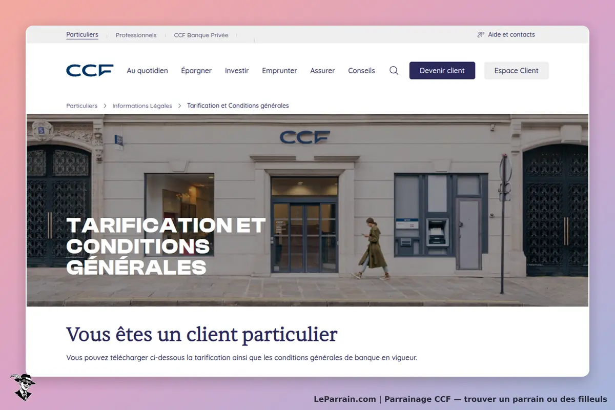 CCF : page d'accueil avec informations sur la tarification et conditions générales