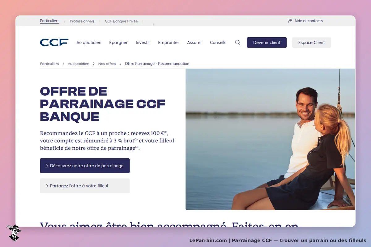 CCF : page d'accueil présentant l'offre de parrainage avec image d'un couple sur un bateau