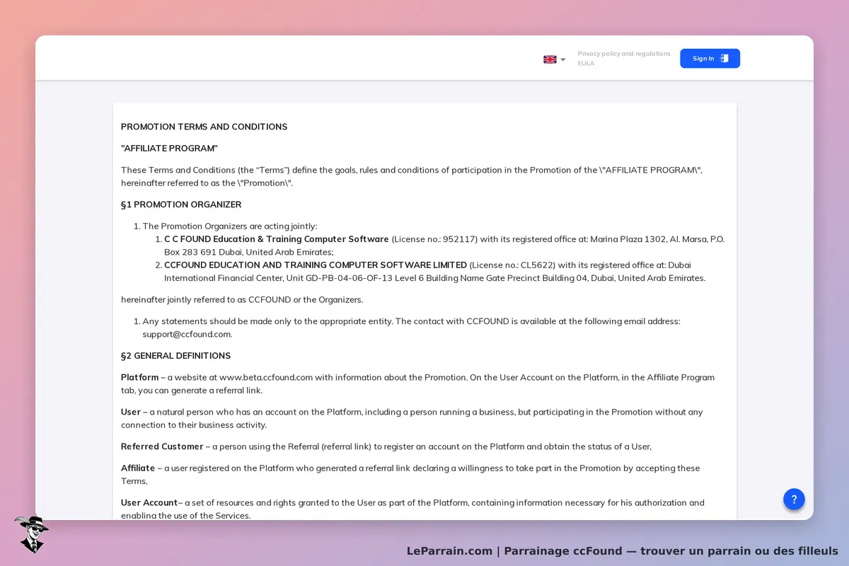 ccFound : conditions de participation au programme d'affiliation affichées sur la page d'accueil