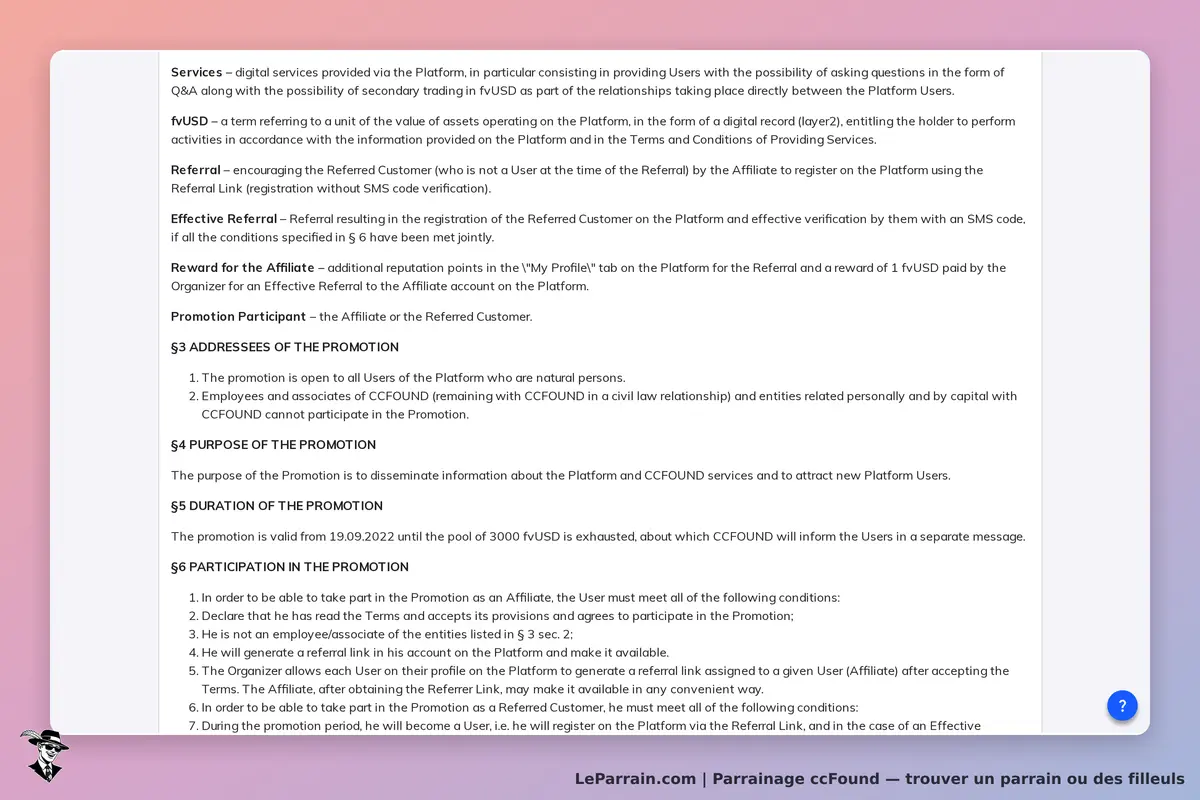 ccFound : texte explicatif sur les services et conditions de parrainage de la plateforme