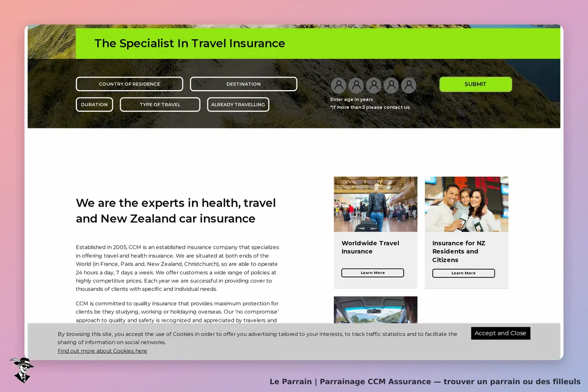 CCM Assurance : page d'accueil avec formulaire d'assurance voyage et informations sur les services