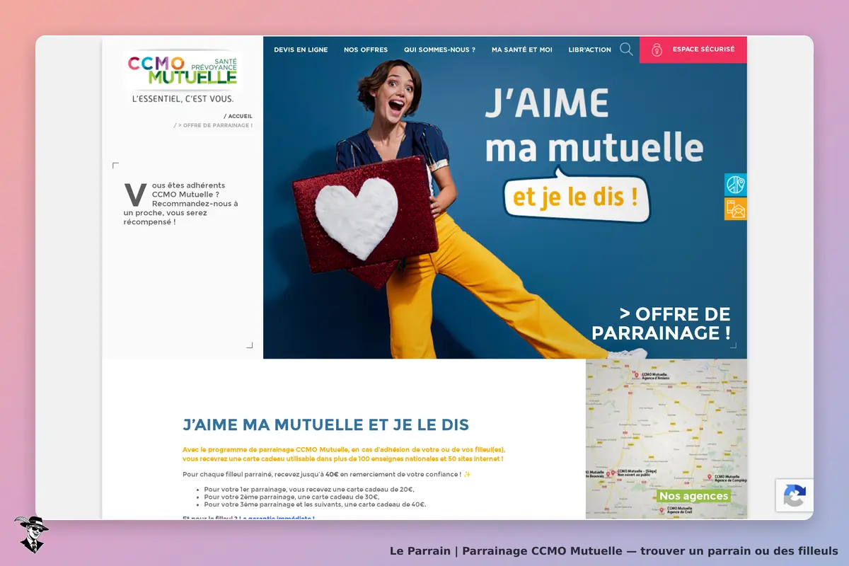 CCMO Mutuelle : page d'accueil avec une femme souriante et un message sur le parrainage