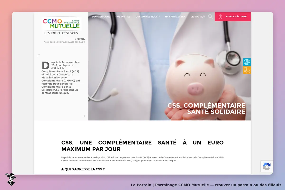 CCMO Mutuelle : page présentant la Complémentaire Santé Solidaire avec un cochon en céramique