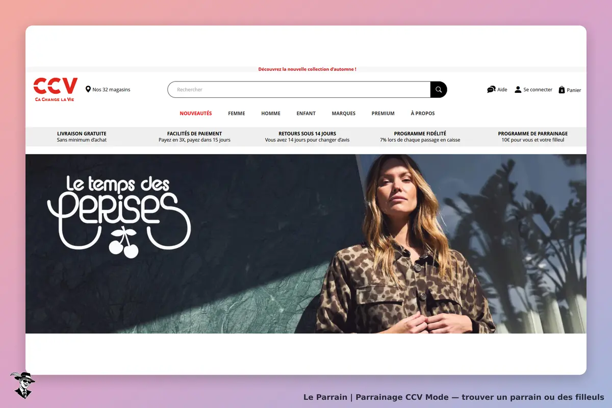 CCV Mode : cCV : page d'accueil avec une femme portant une chemise léopard et le logo "Le temps des