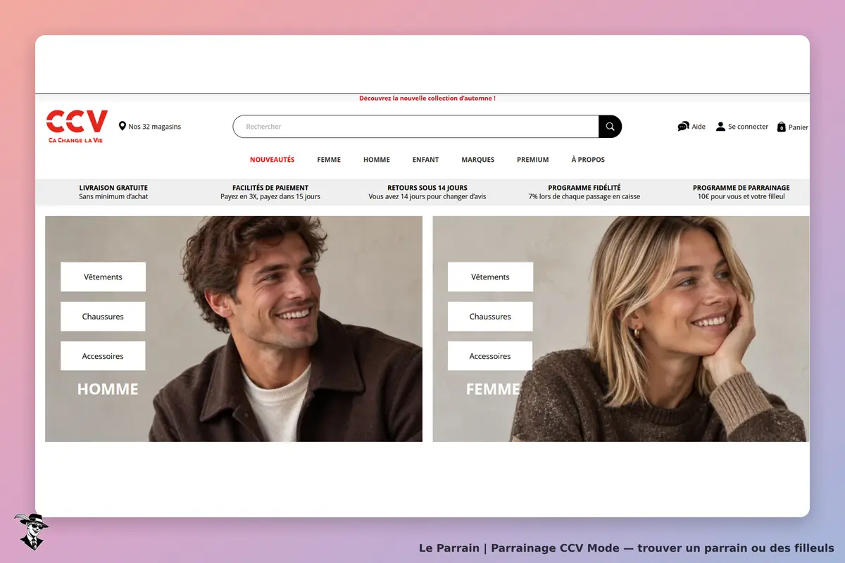 CCV Mode : cCV : page d'accueil avec sections pour hommes et femmes, affichant vêtements et