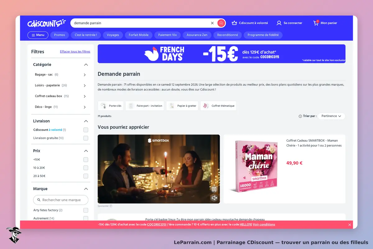 CDiscount : page de recherche avec produits, filtres et vidéo d'un coffret cadeau Smartbox