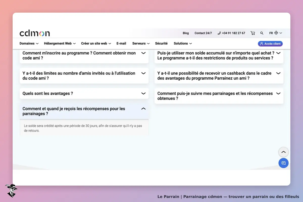 FAQ officielle cdmon : crédit parrain après 30 jours sans retour, remise de 5 % HT et solde de compte de 5 % HT.