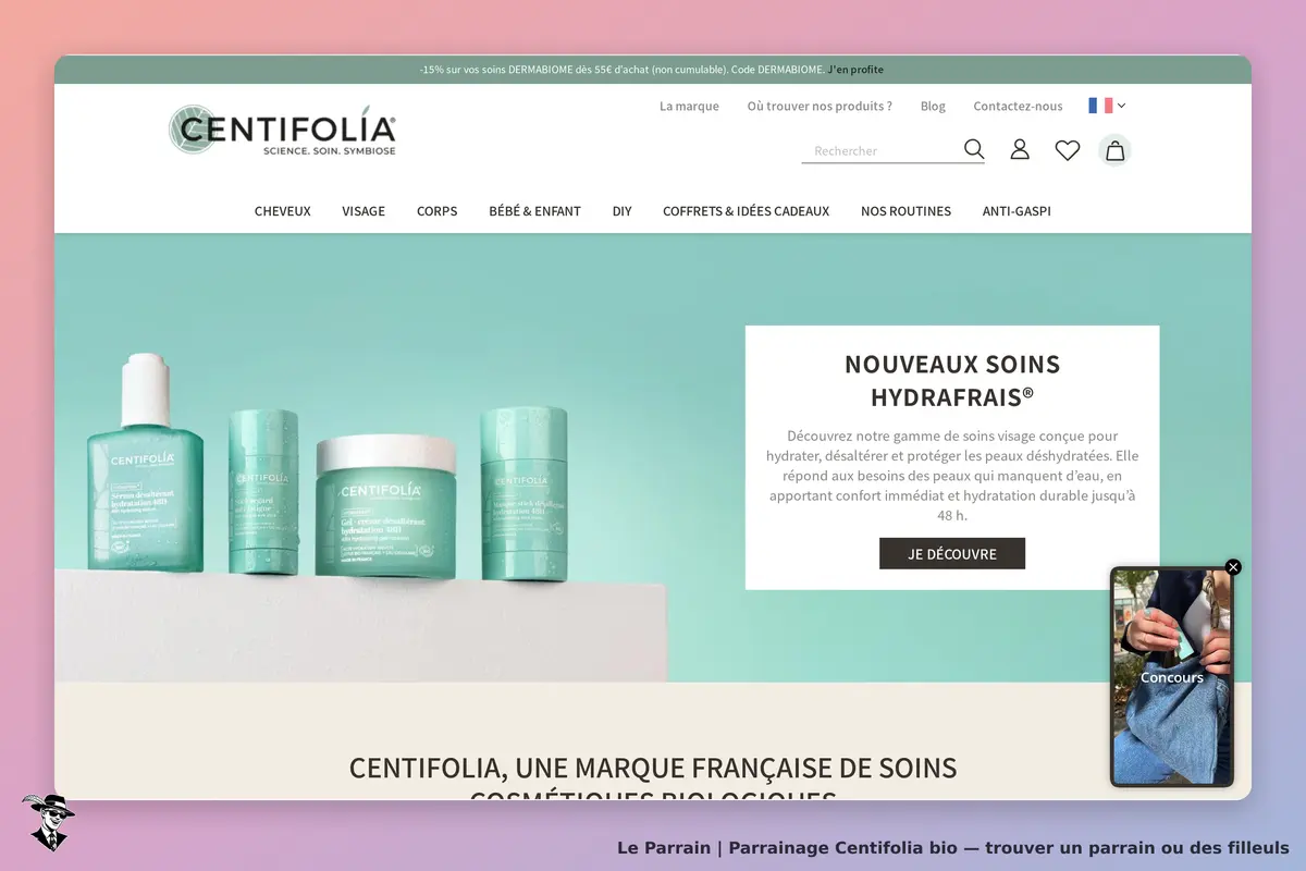 Centifolia bio : centifolia : page d'accueil avec produits de soins hydratants sur fond vert