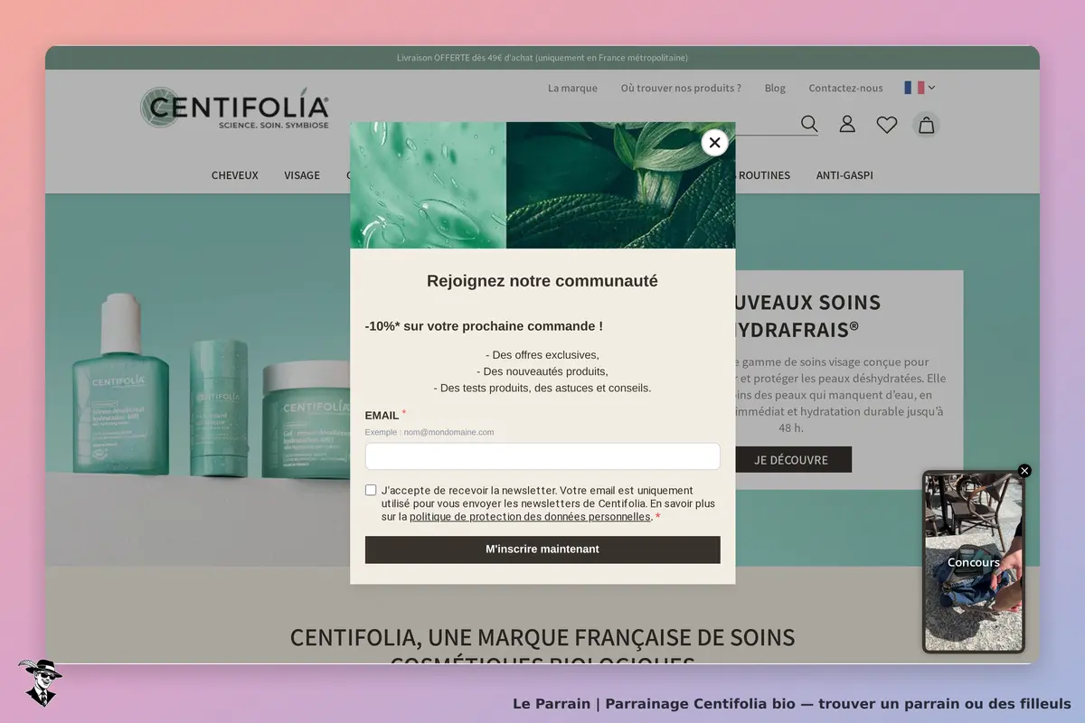 Centifolia bio : centifolia : page d'accueil avec produits de soin et formulaire d'inscription à la
