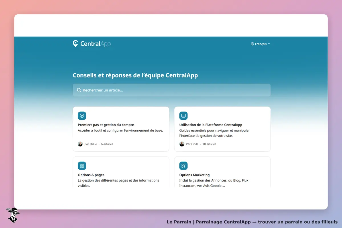 CentralApp : page d'accueil avec articles d'aide et barre de recherche en haut