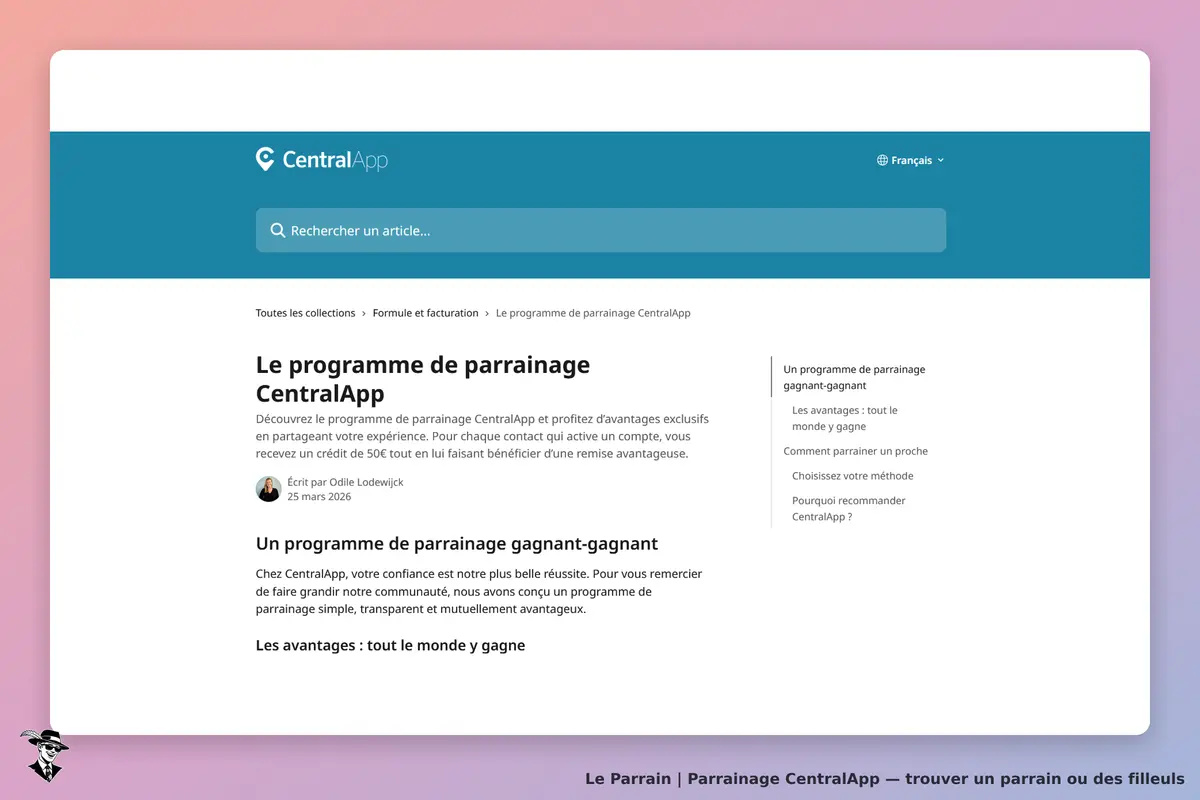 CentralApp : page présentant le programme de parrainage et ses avantages