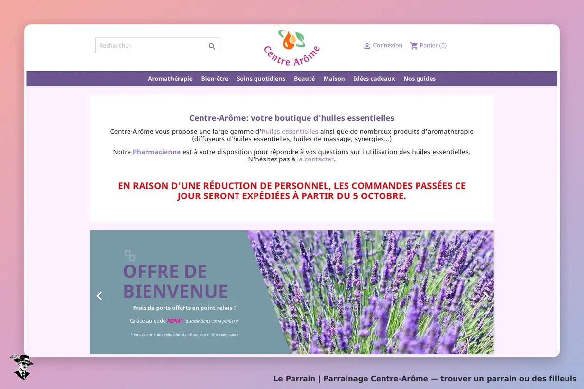 Centre-Arôme : centre Arôme : page d'accueil présentant des huiles essentielles et une offre de