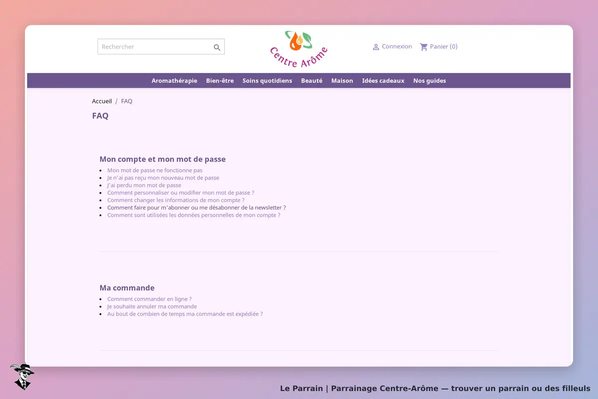 Centre-Arôme : centre Arôme : page FAQ avec questions sur le compte et la commande