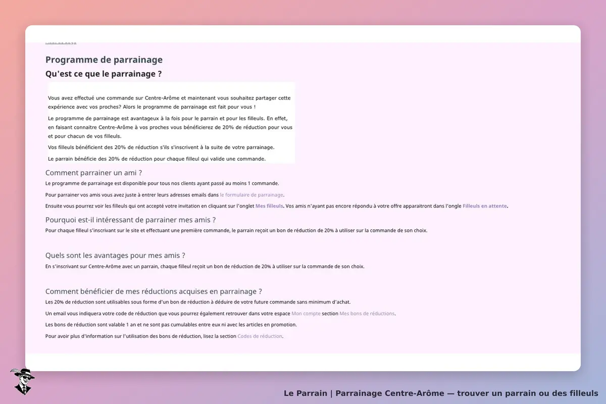 Centre-Arôme : page d'accueil présentant le programme de parrainage et ses avantages