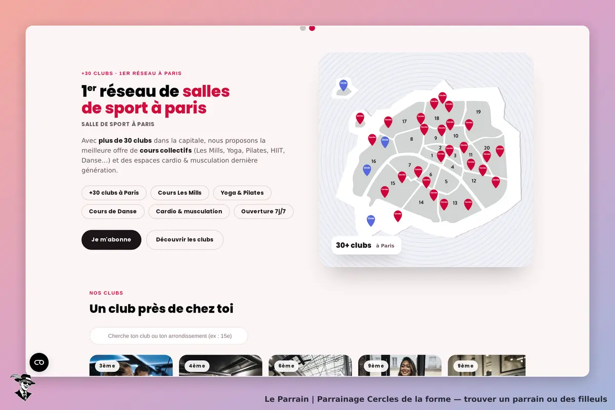 Cercles de la forme : page d'accueil avec carte des clubs de sport à Paris et options de cours