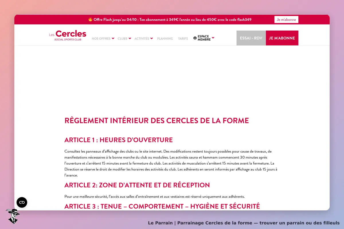 Cercles de la forme : règlement intérieur avec trois articles sur horaires et sécurité