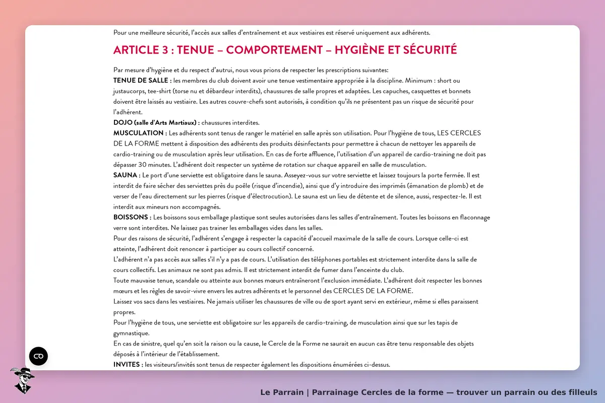 Cercles de la forme : texte sur les règles d'hygiène et de sécurité pour les adhérents